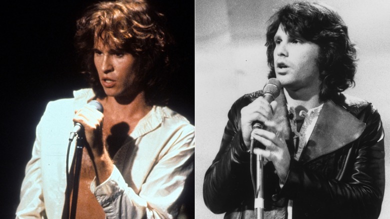 Val Kilmer as Jim Morrison in "The Doors" & Jim Morrison performing on stage in 1970