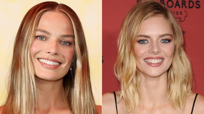 Side-by-side images of Margot Robbie and Samara Weaving smiling