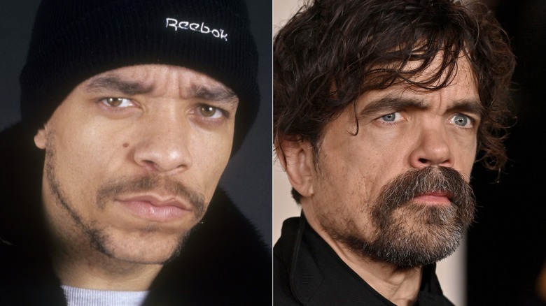 Side-by-side images of Ice-T and Peter Dinklage frowning