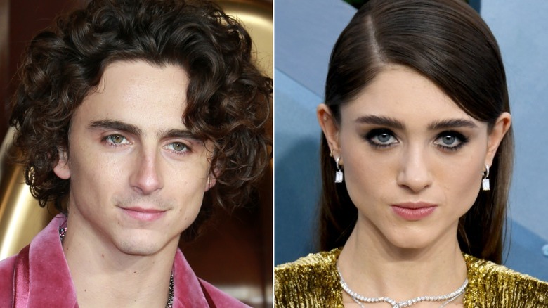 Side-by-side images of Timothée Chalamet and Natalia Dyer on the red carpet
