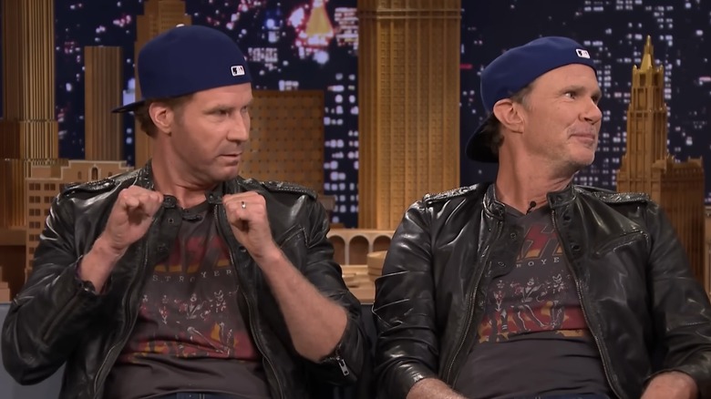 Will Ferrell and Chad Smith wearing matching outfits on The Tonight Show with Jimmy Fallon