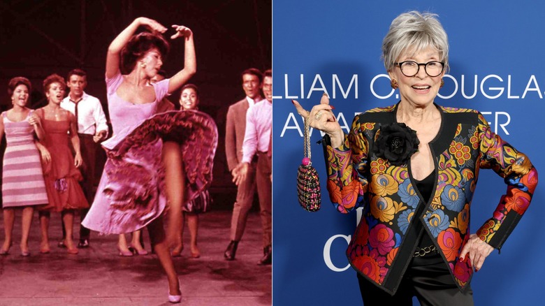Rita Moreno dancing in West Side Story & Rita Moreno posing on the red carpet