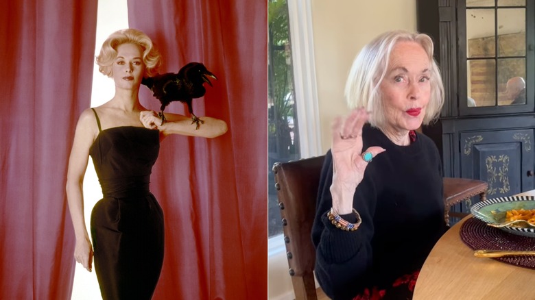 Tippi Hedren in a promo still for The Birds & Tippi Hedren waving at the camera for her 95th birthday
