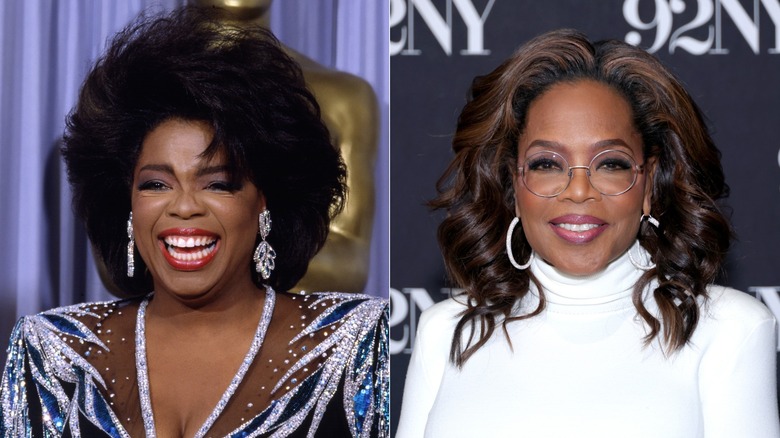 Oprah Winfrey in 1987 (then) and 2026 (now).