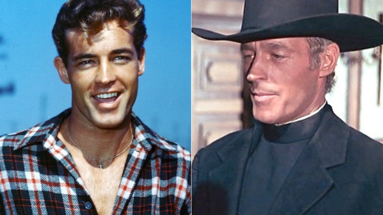 Guy Madison circa his Wild Bill television show, 1950, and in Reverend's Colt, his final film appearance, in 1971