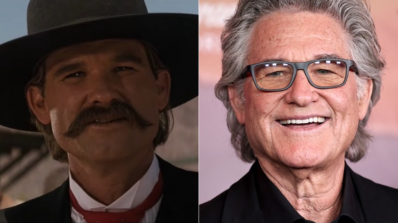 A split image of Kurt Russell in Tombstone, and in 2026
