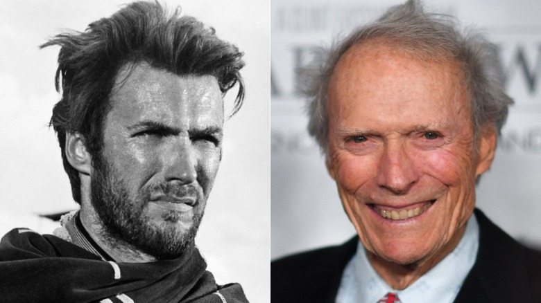 A split image of Clint Eastwood in Fistful of Dollars, and on a 2019 red carpet