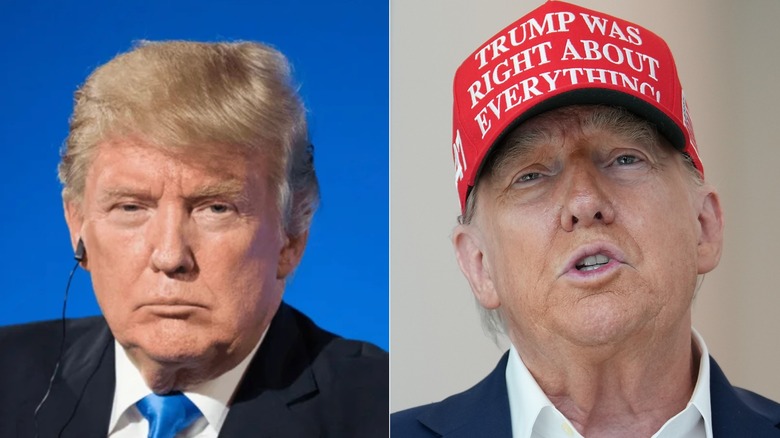 Trump in front of a blue background with a headphone in his ear beside an image of Trump in a red cap that reads: Trump Was Right About Everything