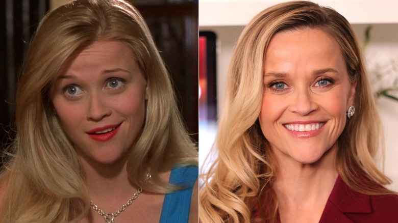 Two images. The first is Reese Witherspoon in Legally Blonde. the second is Reese Witherspoon in 2026.