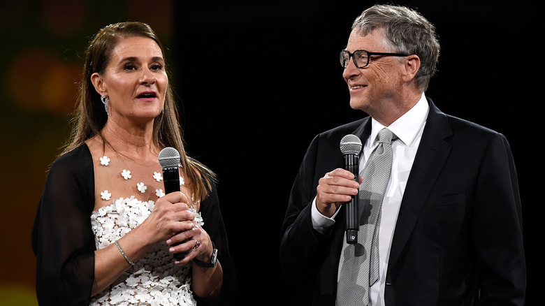 Melinda Gates and Bill Gates speak on stage during The Robin Hood Foundation's 2018 benefit at Jacob Javitz Center on May 14, 2018 in New York City.