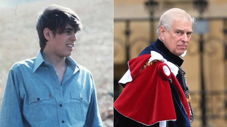 The former Prince Andrew in 1977 as a young man and in 2023 at King Charles III's coronation.