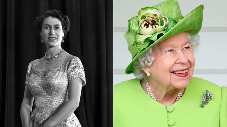 Queen Elizabeth II at her coronation next to a picture of her in 2021 toward the end of her life.