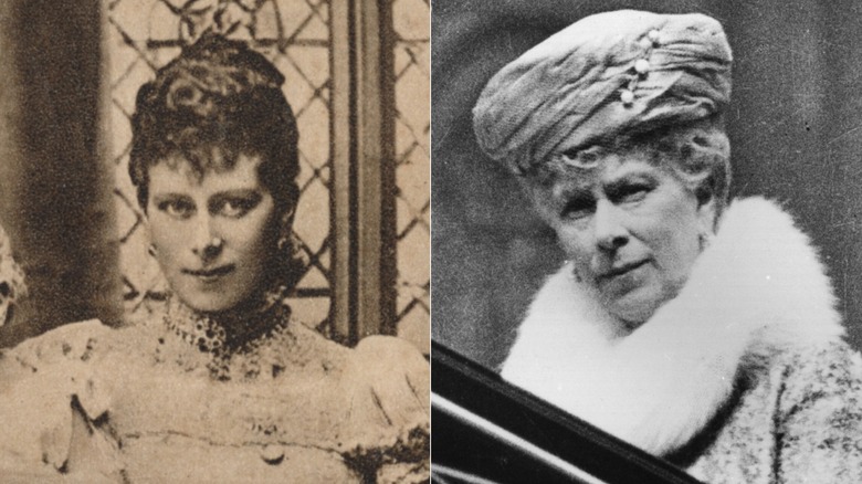 Queen Mary of Teck as a young mother side by side an image of her in a carriage as an older woman.