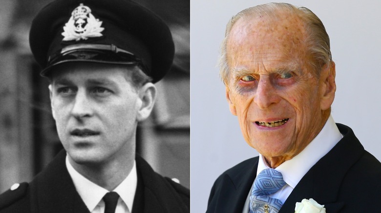 Prince Philip when young side-by-side of a photo in 2018 towards the end of his life.