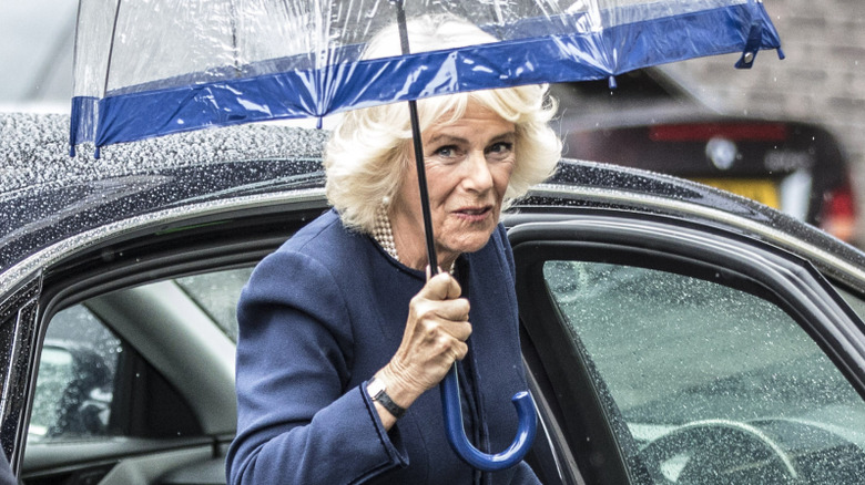 Camilla exits a car