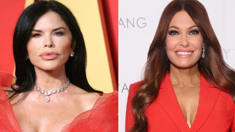 A split image of Kimberly Guilfoyle and Lauren Sánchezposing for photos