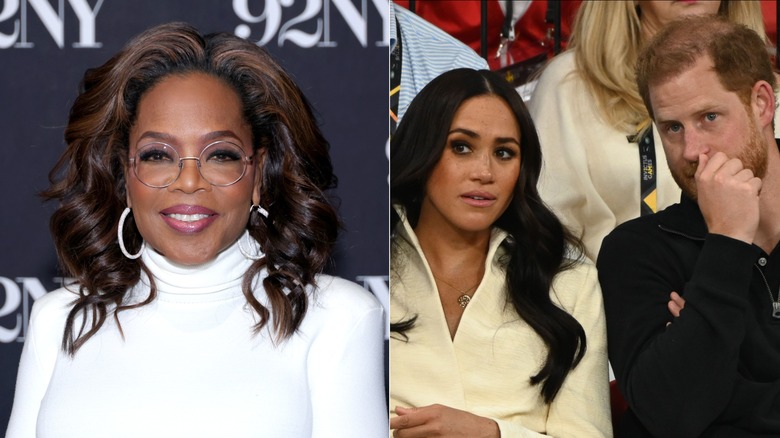 left image shows Oprah smiling at an event, right image shows Meghan Markle and Prince Harry whispering to each other at an event