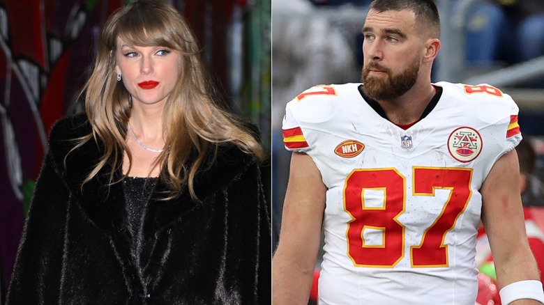Split image of Taylor Swift walking and Travis Kelce 