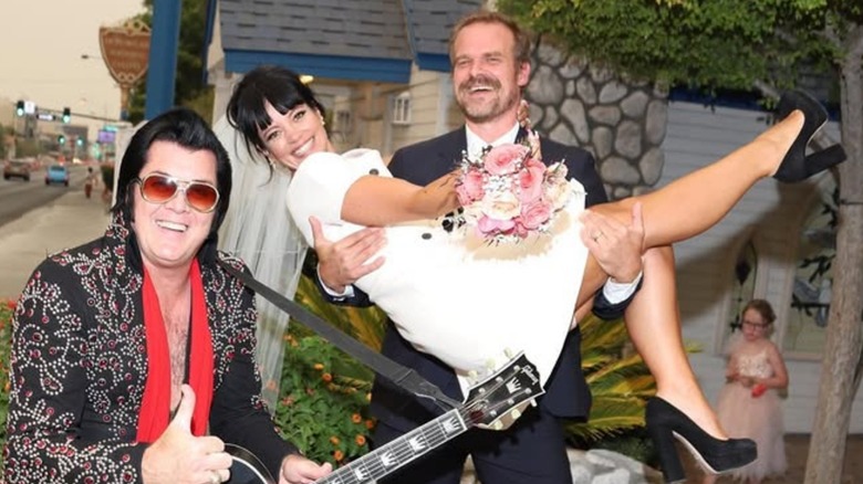 Lily Allen and David Harbour on their wedding day, with an Elvis impersonator