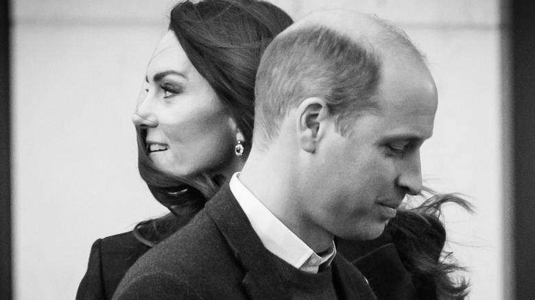 Black and white portait of Princess Catherine and Prince William.