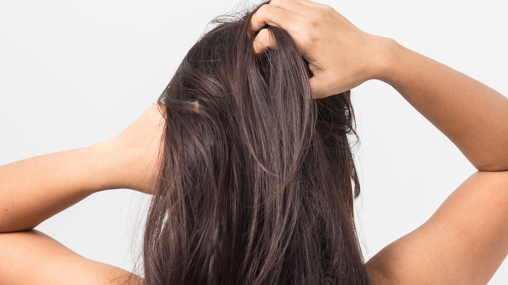 Woman scratching dry scalp hair