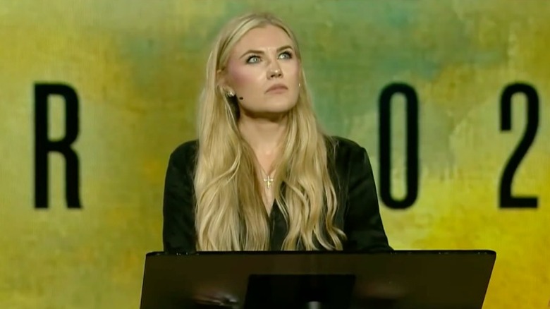 A screenshot of Erika Kirk delivering a speech at a Turning Point USA event (2026)