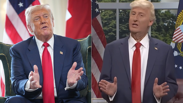 Donald Trump gesturing/James Austin Johnson as Trump