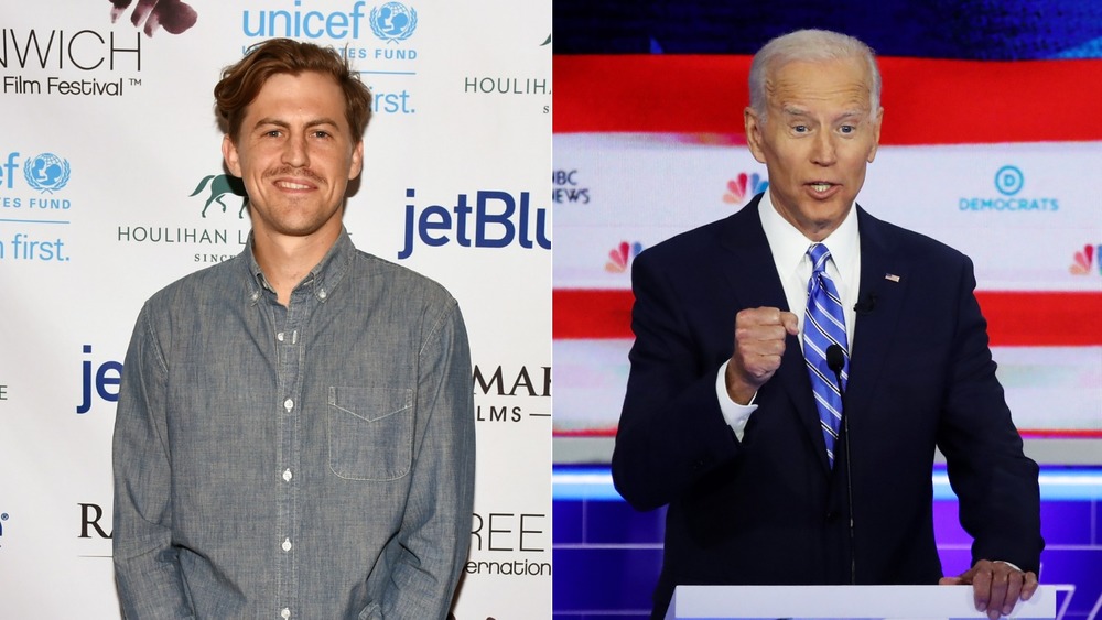 Alex Moffat posing and Joe Biden speaking