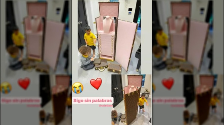 kids playing with Louis Vuitton pink and brown jewlery box