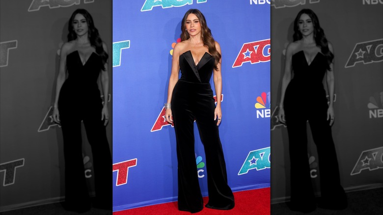 Sofía Vergara attends the "America's Got Talent" Season 20 Red Carpet in March 2025 wearing a black velvet jumpsuit with plunging neckline and faux-lapels