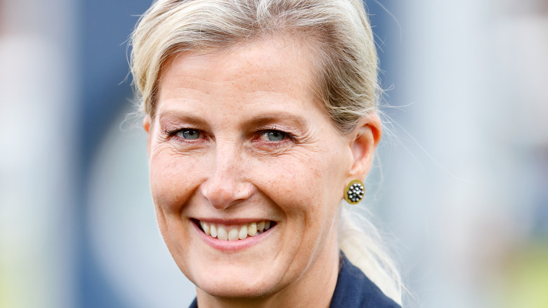 Sophie, Countess of Wessex smiling with hair in bun