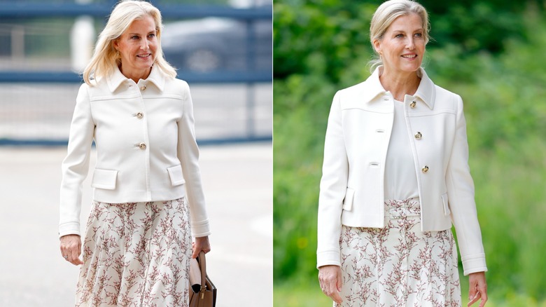 Split photo of Duchess Sophie wearing her Aspiga skirt and Prada blazer in Stevenage vs Northampton