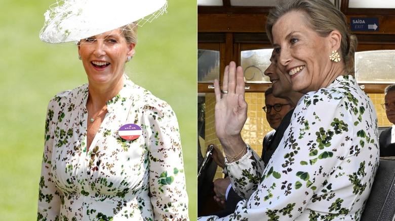 Split photo of Sophie, Duchess of Edinburgh, wearing her green dress in 2025 vs 2026