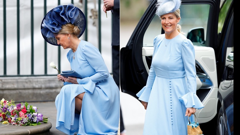 Split photo of Sophie, Duchess of Edinburgh, at VE Day versus Peter Phillips' wedding