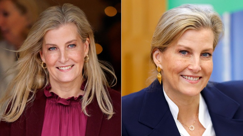 Split image of Sophie, Duchess of Edinburgh with hair down and hair up