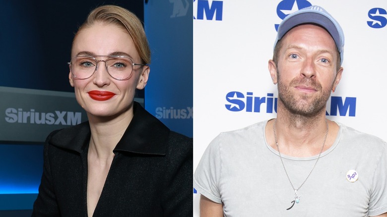 A split photo of Sophie Turner and Chris Martin
