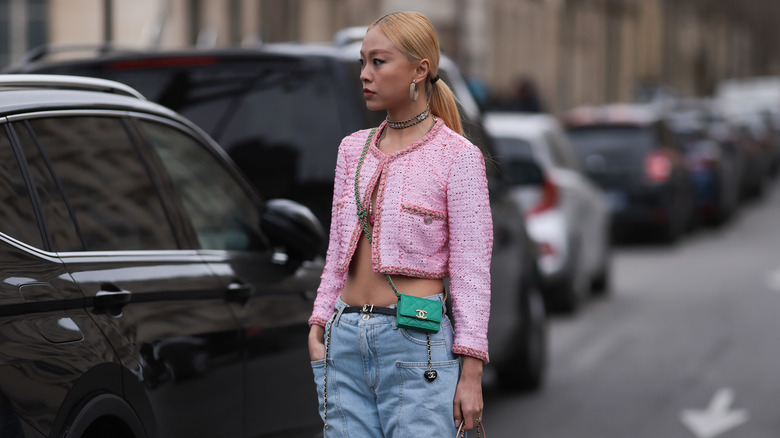 outfit with pink cropped jacket