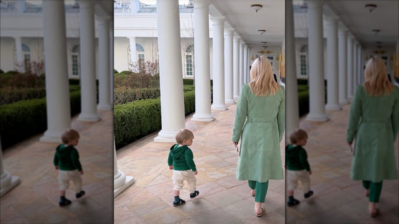 Karoline Leavitt walking with her son