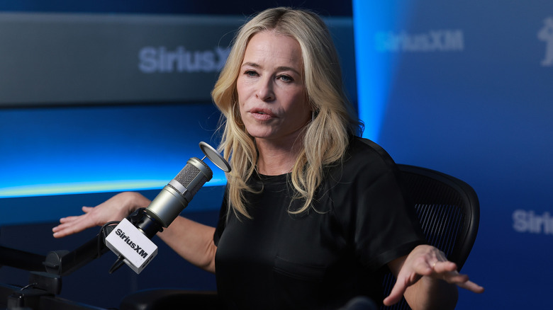 Chelsea Handler speaking into mic at SiriusXM Radio