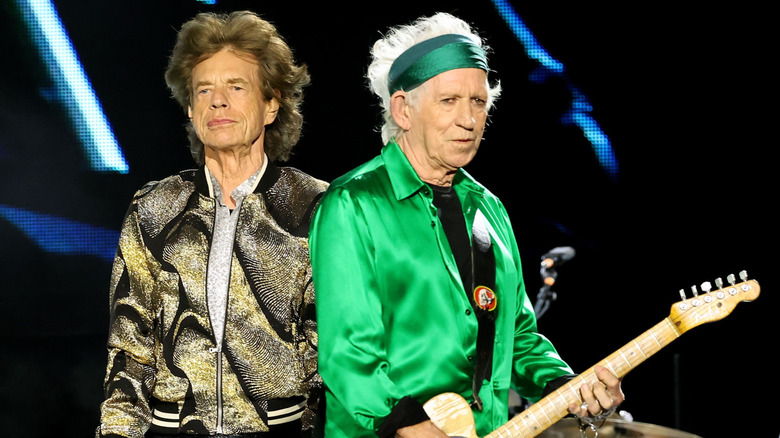 Mick Jagger and Keith Richards onstage during a Rolling Stones concert