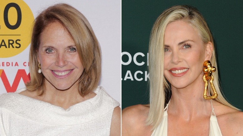 A split image of Katie Couric and Charlize Theron smiling
