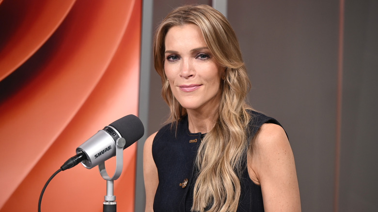 Megyn Kelly posing for photos with a microphone