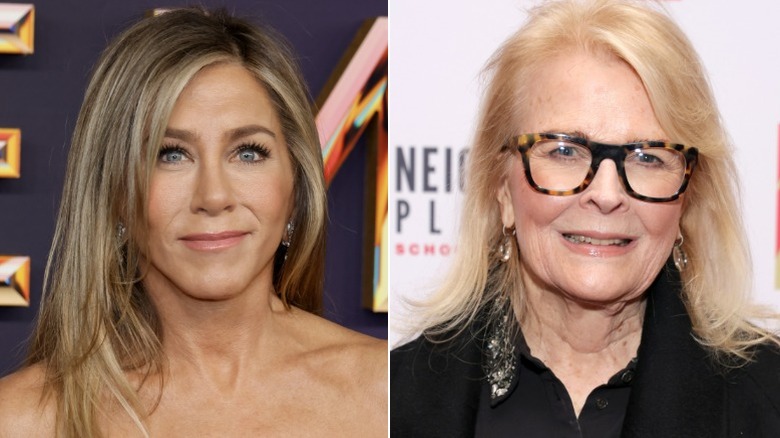 A split image of Jennifer Aniston and Candance Bergen posing for photos