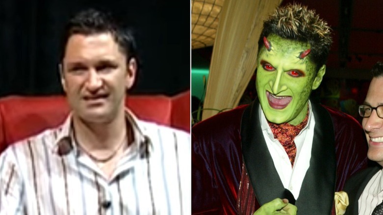 Split image of Andy Hallett sitting in a chair and dressed up as his Buffy character