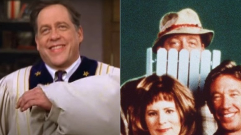 Split image of Earl Hindman smiling and posing behind a fence in the Home Improvement logo