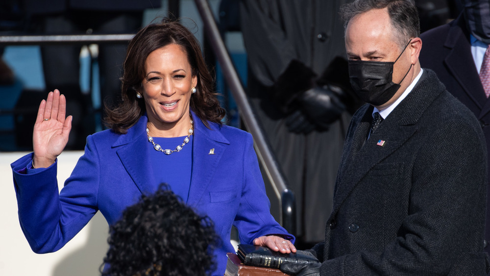 Kamala Harris smiles as she's sworn in as Vice President 