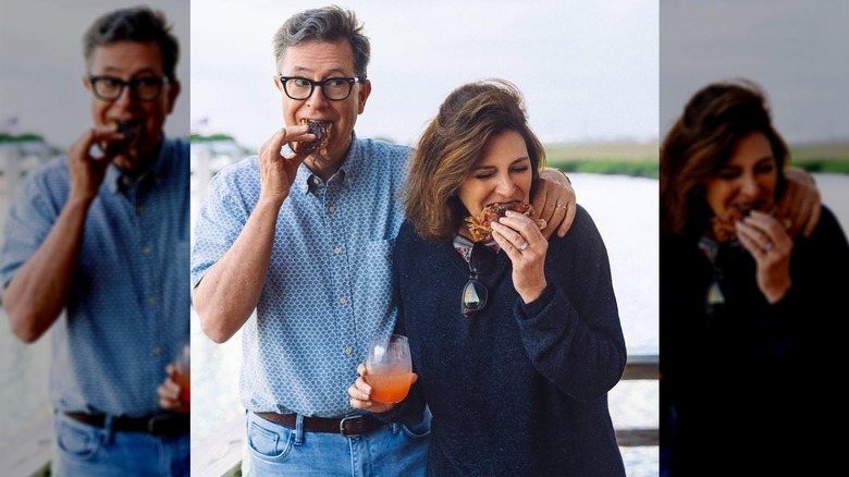 Stephen Colbert and Evie McGee eat some homemade food