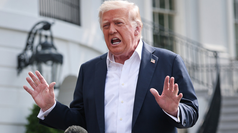 Donald Trump addressing reporters in a dark suit with his hands raised and his mouth wide