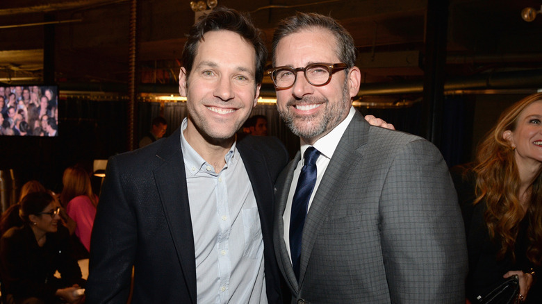 Paul Rudd and Steve Carell pose backstage at Comedy Central Night Of Too Many Stars at Beacon Theatre on February 28, 2015 in New York City.