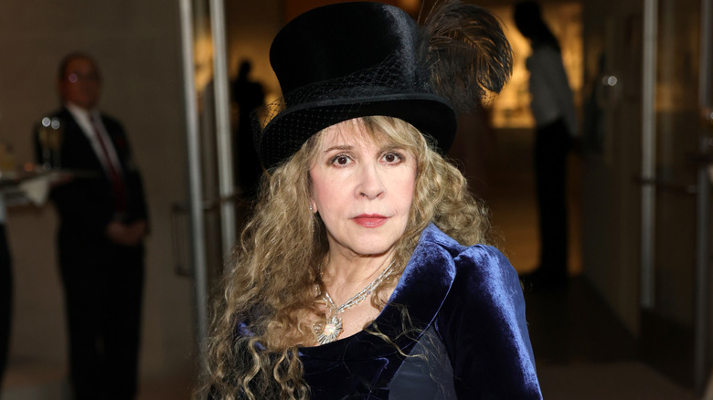 Stevie Nicks posing at the 2026 Met Gala wearing a black top hat with a feather
